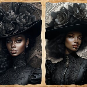 May include: Two portraits of women with dark skin wearing black dresses and hats adorned with black flowers. The women have dark hair and are looking directly at the viewer.