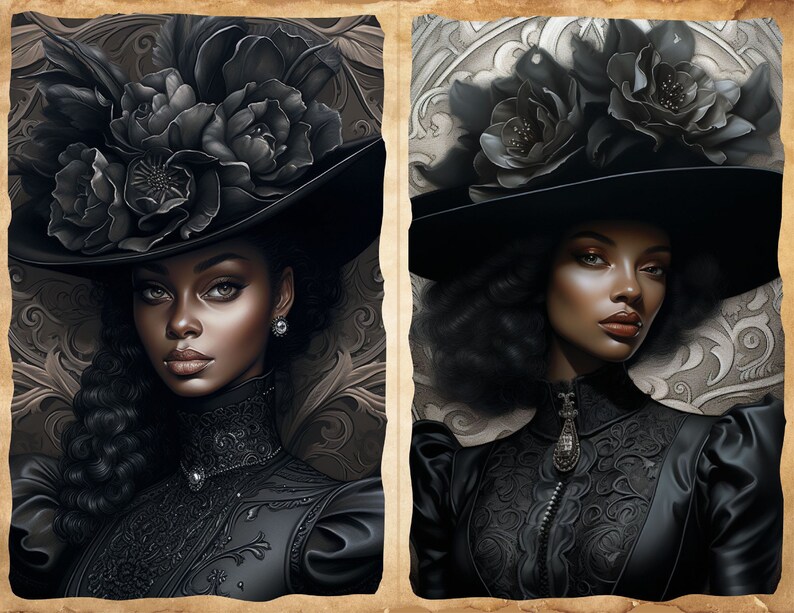 May include: Two portraits of women with dark skin wearing black dresses and hats adorned with black flowers. The women have dark hair and are looking directly at the viewer.