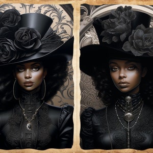 May include: Two portraits of women wearing black hats adorned with black roses. Both women are wearing black dresses with intricate lace detailing and silver jewelry. The background is a vintage-style patterned paper.