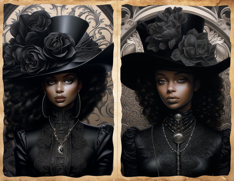 May include: Two portraits of women wearing black hats adorned with black roses. Both women are wearing black dresses with intricate lace detailing and silver jewelry. The background is a vintage-style patterned paper.