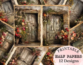 Rustic Cottage Front Door with Flowers Half Page Junk Journal Collage Scrapbooking Printable Pages