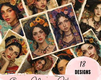 May include: A collage of 18 digital illustrations featuring women with vibrant floral headbands and traditional Mexican clothing. The images are set against a background of colorful flowers and foliage. The text "Stunning Mexican Women" and "18 Designs" is displayed on the collage.