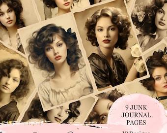 Puede incluir: Un collage de retratos en tonos sepia de mujeres con peinados y maquillaje vintage. El texto "Victorian Women", "9 Junk Journal Pages" y "18 Designs" se muestra sobre un fondo rosa con detalles de purpurina dorada. Los retratos tienen una estética vintage.
