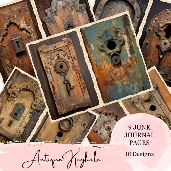 Printable Junk Journal Antique Door Keyhole / Distressed Rusty Half Paper Kit / Collage Scrapbook Printable Pages