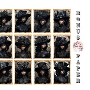 May include: Nine digital illustrations of women wearing black hats with black roses and black dresses. The women have dark skin and are looking at the viewer. The background is a vintage-style pattern.