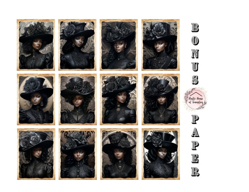 May include: Nine digital illustrations of women wearing black hats with black roses and black dresses. The women have dark skin and are looking at the viewer. The background is a vintage-style pattern.