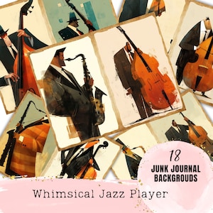 Pages de journal indésirable pour joueur de jazz lunatique vintage, photo rustique, kit de téléchargement numérique en papier pour instruments, fabrication de cartes, album à imprimer