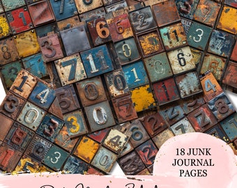 Old Vintage Rustic Number Blocks Mix Media Collage Junk Journal Metal Assemblage Collage Scrapbook Printable Pages