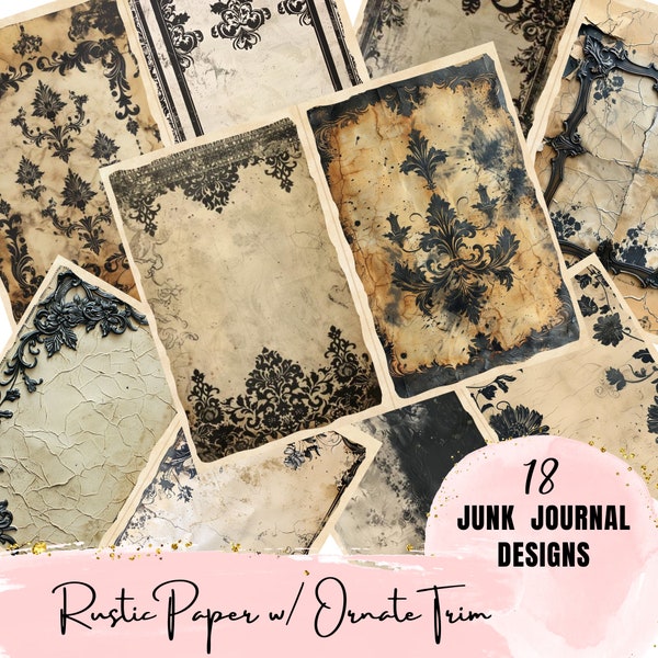 Vintage Distressed Paper with Black Ornate Trim Design Half Page Junk Journal Collage Scrapbook Printable Pages / Card Making Kit