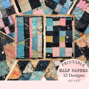 Könnte beinhalten: Druckbare Halb-Papiere mit 12 Designs. Das Bild zeigt eine Collage von Vintage-Quiltmustern in verschiedenen Farben, darunter Schwarz, Blau, Rosa und Gelb. Jedes Papier misst 21,6 cm x 14 cm.