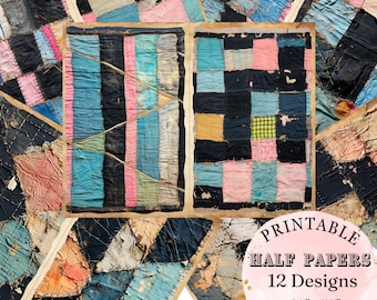 Vintage Tattered Patch Quilt Mix Media Collage Junk Journal Half Pages Scrapbook Printable Pages