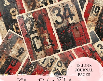 Old Vintage Rustic Chippy Number Mix Media Black and Red Collage Junk Journal Metal Assemblage Collage Scrapbook Printable Pages