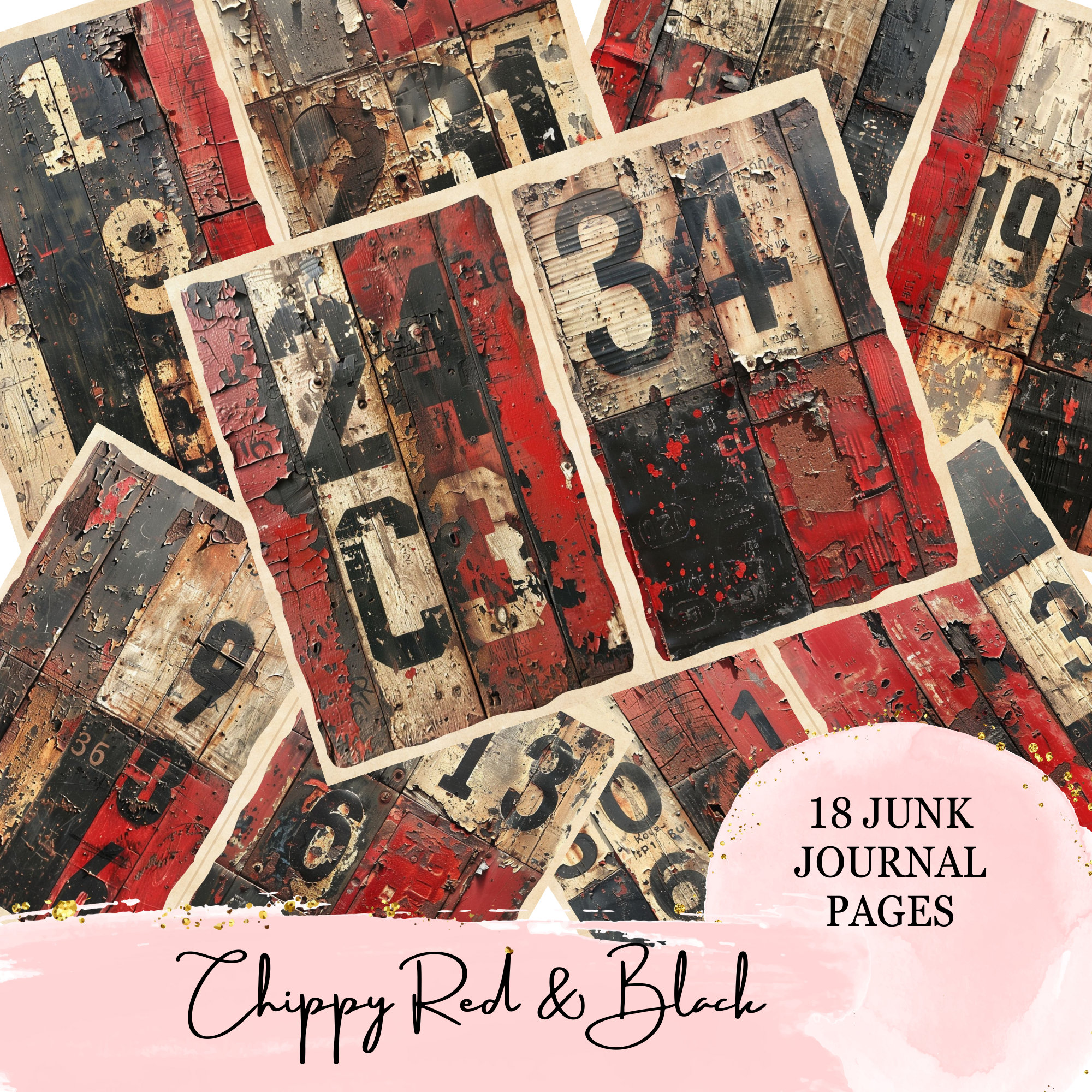 Old Vintage Rustic Chippy Number Mix Media Black and Red Collage Junk ...