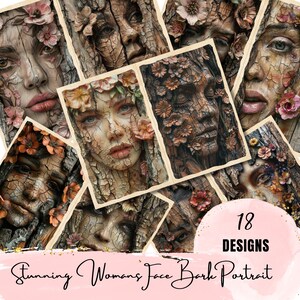 Woman's Face Bark Portrait Junk Journal Mix Media Assemblage Paper Woman Ephemera Collage Handmade Scrapbook Printable Pages Card Making