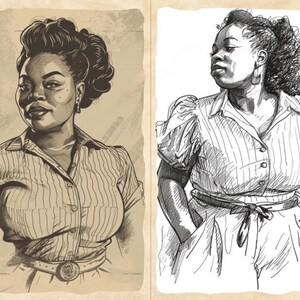 Pu&ograve; includere: Due illustrazioni di una donna con una camicia a righe abbottonata. Una &egrave; color seppia, l'altra in bianco e nero. La donna ha i capelli scuri e indossa una cintura con fibbia circolare. Le illustrazioni sono su carta invecchiata.