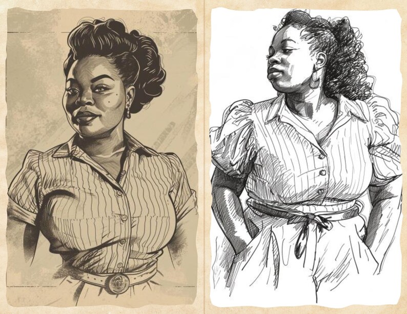 Pu&ograve; includere: Due illustrazioni di una donna con una camicia a righe abbottonata. Una &egrave; color seppia, l'altra in bianco e nero. La donna ha i capelli scuri e indossa una cintura con fibbia circolare. Le illustrazioni sono su carta invecchiata.