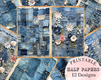 Vintage Tattered Patchwork Denim With Flowers Mix Media Collage Junk Journal Half Pages Scrapbook Printable Pages