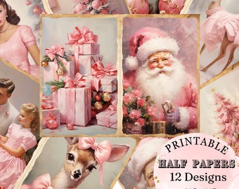 Vintage Pink Christmas Paper Pink and Gold Half Page Collage Junk Journal Collage Scrapbook Printable Pages