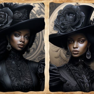 May include: A portrait of a woman with dark skin wearing a black top hat with a large black rose on it. She is wearing a black dress with lace detailing and black earrings. The background is a gold and brown pattern.