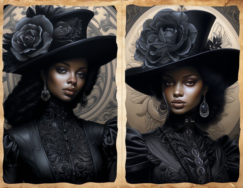 May include: A portrait of a woman with dark skin wearing a black top hat with a large black rose on it. She is wearing a black dress with lace detailing and black earrings. The background is a gold and brown pattern.