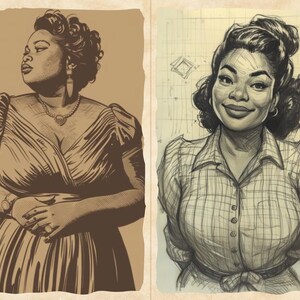 Pu&ograve; includere: Due illustrazioni color seppia di donne. La prima raffigura una donna in un abito vintage, con una collana di perle e un orologio. La seconda &egrave; un bozzetto a matita di una donna con una camicia a quadri, con i capelli raccolti.