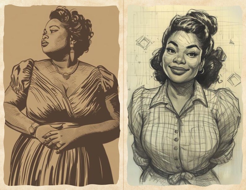 Pu&ograve; includere: Due illustrazioni color seppia di donne. La prima raffigura una donna in un abito vintage, con una collana di perle e un orologio. La seconda &egrave; un bozzetto a matita di una donna con una camicia a quadri, con i capelli raccolti.