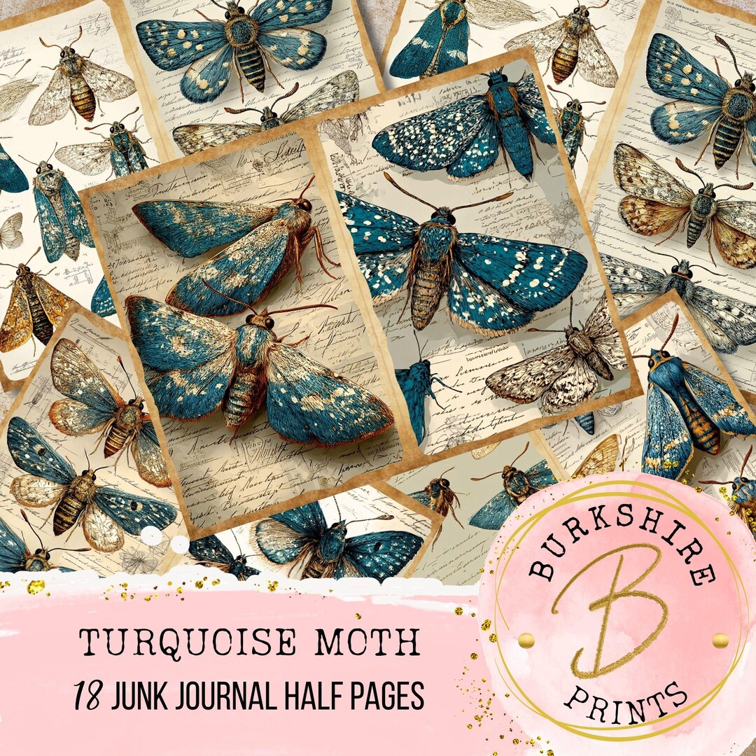Moth Journal Vintage Ephemera Turquoise Moth Junk Journal Kit Printable Insect Pages ...