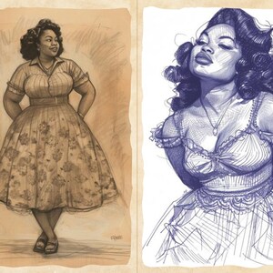Pu&ograve; includere: Due illustrazioni di una donna. L'immagine a sinistra &egrave; un bozzetto a matita di una donna con un abito floreale e una camicia con colletto. L'immagine a destra &egrave; un disegno a penna di una donna con un abito e una collana.