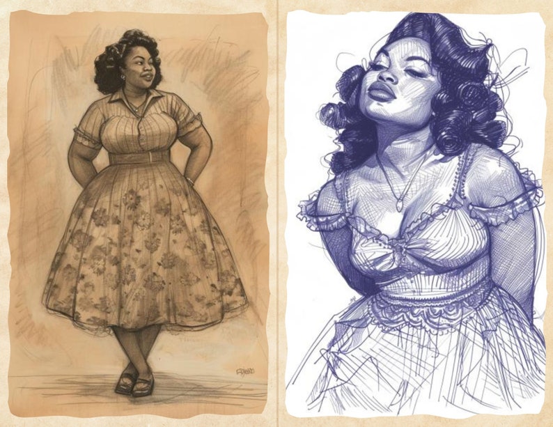Pu&ograve; includere: Due illustrazioni di una donna. L'immagine a sinistra &egrave; un bozzetto a matita di una donna con un abito floreale e una camicia con colletto. L'immagine a destra &egrave; un disegno a penna di una donna con un abito e una collana.
