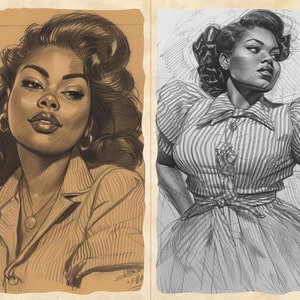 Pu&ograve; includere: Due illustrazioni color seppia di una donna con capelli e pelle scuri. L'immagine a sinistra mostra un ritratto con una camicia con colletto e una collana. L'immagine a destra raffigura la donna con una camicetta a righe e una gonna, con le braccia incrociate.