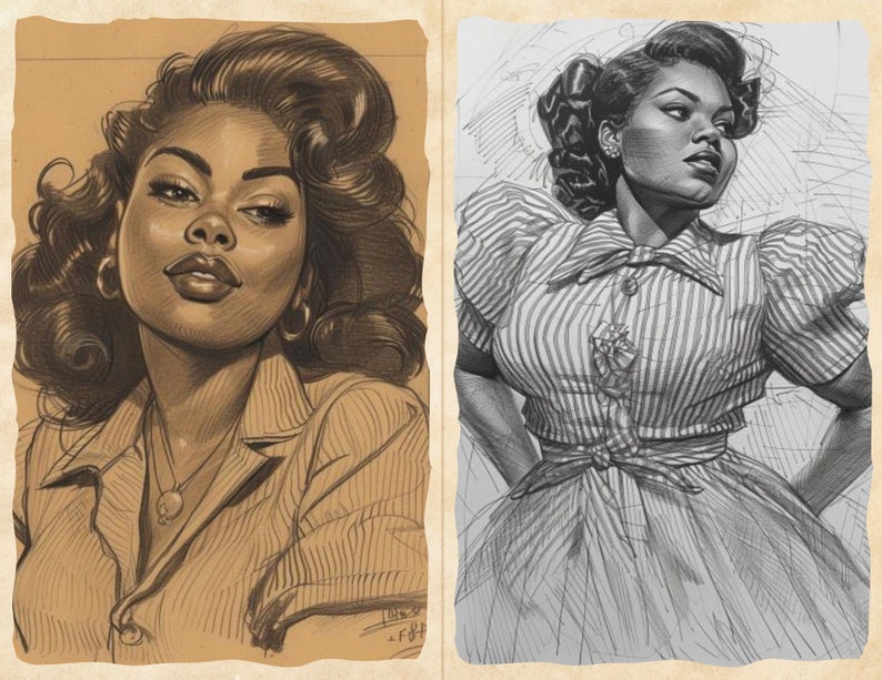 Pu&ograve; includere: Due illustrazioni color seppia di una donna con capelli e pelle scuri. L'immagine a sinistra mostra un ritratto con una camicia con colletto e una collana. L'immagine a destra raffigura la donna con una camicetta a righe e una gonna, con le braccia incrociate.