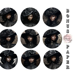 May include: Set of 9 digital printable paper designs featuring black and white illustrations of women wearing black hats and dresses with floral accents. The designs are perfect for crafting projects, scrapbooking, and more.