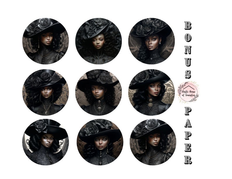 May include: Set of 9 digital printable paper designs featuring black and white illustrations of women wearing black hats and dresses with floral accents. The designs are perfect for crafting projects, scrapbooking, and more.