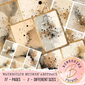 May include: A collection of watercolor modern abstract art prints in various sizes. The prints feature a neutral color palette of beige, brown, and gray with black dot and line details. The text on the image reads "Watercolor Modern Abstract, 17 - Pages, 3 - Different Sizes."