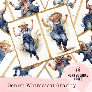 Papier pour journal indésirable grand-mère en denim fantaisiste, kit de téléchargement numérique clip art grand-mère décalé, fabrication de cartes multi-supports, pages imprimables de scrapbooking