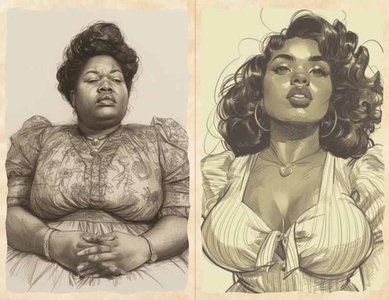 Pu&ograve; includere: Due ritratti in seppia su uno sfondo di carta vintage. Il ritratto a sinistra raffigura una donna con capelli scuri e un vestito con stampa floreale. Il ritratto a destra mostra una donna con capelli ricci, orecchini a cerchio e una collana con ciondolo a cuore.