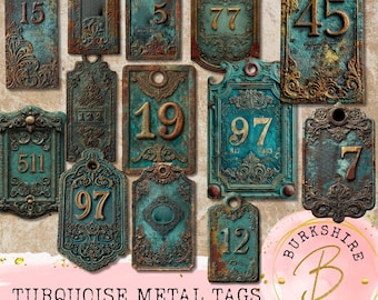 Etichette industriali turchesi grunge steampunk / Numeri in metallo con taglio elaborato / Collage di effimeri con tecniche miste / Pagine stampabili per scrapbooking di diario di scarto