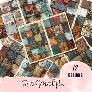 May include: 18 designs of rustic metal tiles in various colours and patterns. The tiles have a distressed, aged look and feature intricate floral designs.