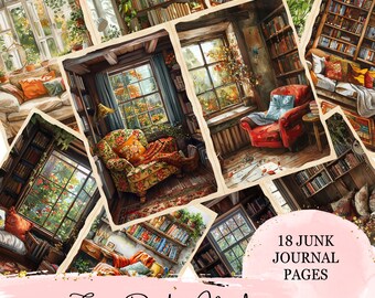 Op de afbeelding: 18 digitale journalpagina's met illustraties van knusse leeshoekjes met boekenkasten, fauteuils en ramen met herfstbladeren. De tekst "Cozy Reading Nook" staat onderaan de afbeelding.