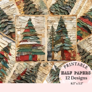 Vintage Mix Media kerstboom op gescheurd papier patchwork, halve pagina ongewenste dagboek plakboek digitale downloadkaart Craft Supply