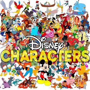 May include: A colourful collage featuring a multitude of Disney characters such as Mickey Mouse, Donald Duck, and Ariel. The image displays the text "Disney CHARACTERS" in large, yellow letters, set against a white background filled with cartoon figures.