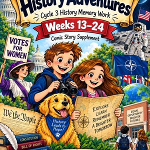 May include: A colorful educational comic book cover titled History Adventures Cycle 3 History Memory Work Weeks 13-24. It features two children, a golden retriever, historical figures, the US Capitol, an astronaut, and text including We the People.