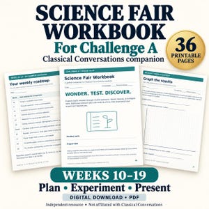 Puede incluir: Un libro de ejercicios para la feria de ciencias Challenge A con 36 páginas imprimibles. El documento incluye una hoja de ruta semanal, seguimiento de experimentos y gráficos. Texto: WONDER. TEST. DISCOVER. y WEEKS 10-19 Plan Experiment Present.