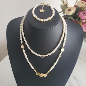 Pearl Necklace & Bracelet Set Daisy Chain Reverie Inspired Choker Real Pearl Jewelry Gift for Mother, Gift for Her