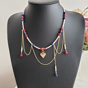 Asymmetrical Pearl Necklace Bracelet Set: Lapis Lazuli, Red Gemstone & Zircon