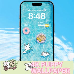 May include: A smartphone displaying a digital clock with the time 8:48, the date Monday, March 24, and a weather forecast of 55 degrees and clear skies. The phone's background is a blue and white image of a swimming pool with cartoon puppies wearing swimsuits and floating on inflatable rings. The text "4K PUPPY WALLPAPER" is displayed at the bottom of the image.