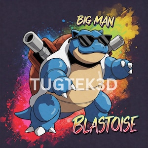 Może przedstawiać: Niebieska i brązowa postać z kreskówki w okularach przeciwsłonecznych i białym fartuchu laboratoryjnym. Postać stoi na kolorowym tle z tekstem "BIG MAN" i "BLASTOISE".