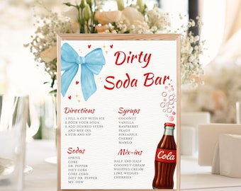 Editable She's Ready To Pop Dirty Soda Bar Blue Bow Soda Bar Sign Gender Neutral Red Theme Party Boy and Girl Baby Shower Decor C02