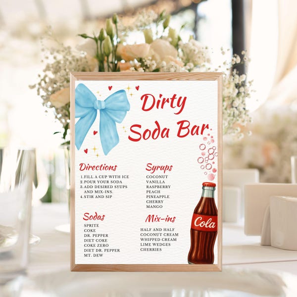 Editable She's Ready To Pop Dirty Soda Bar Blue Bow Soda Bar Sign Gender Neutral Red Theme Party Boy and Girl Baby Shower Decor C02