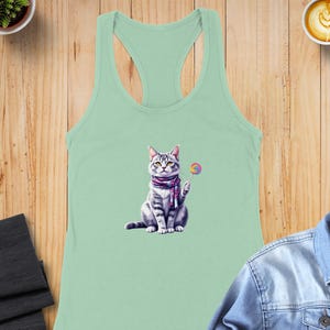 Pride Tank Top, gift pride shirt, cat holding lollipop tank top, cute kitten with candy design, kawaii cat art, LGBTQIA+ pride clothing
